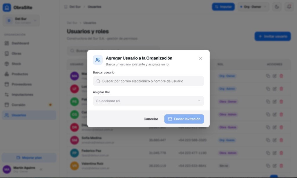 Gestión de usuarios en ObraSite